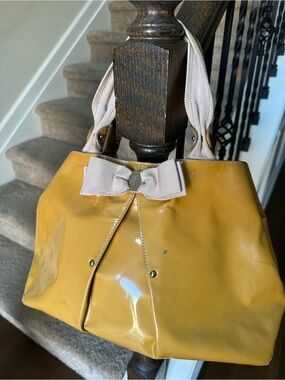Salvatore Ferragamo Mustard Yellow Patent Leather Bow-Accent Shoulder Bag
